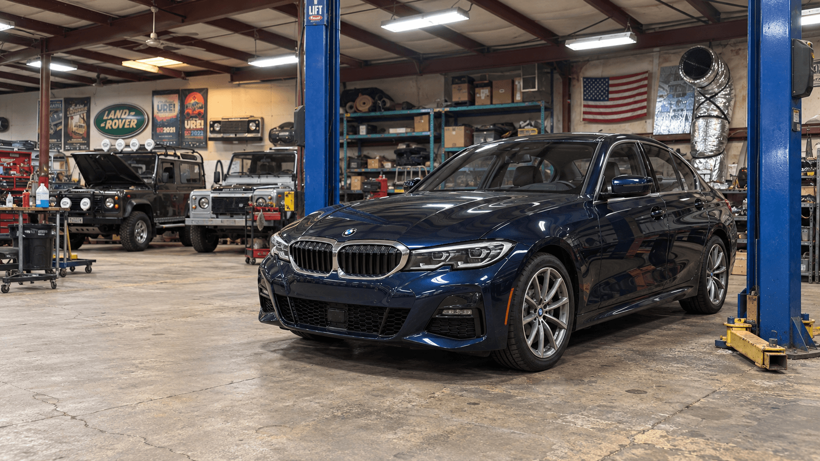 Illustrative blue BMW sedan in a workshop