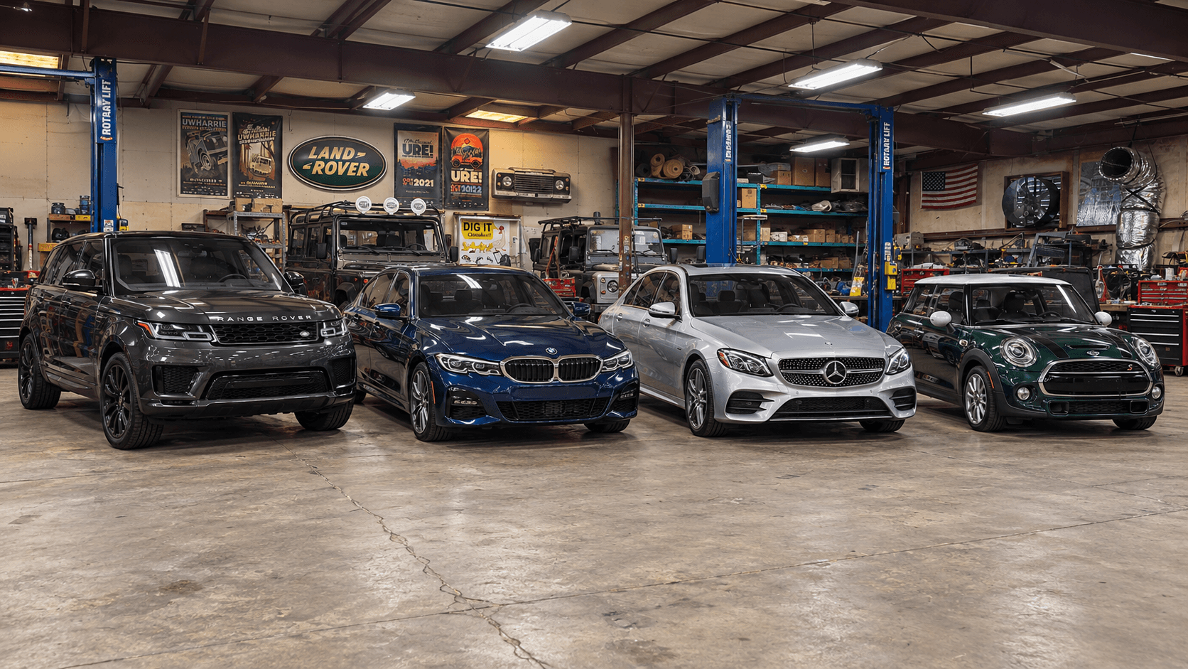 Illustrative workshop scene with a Range Rover, blue BMW, silver Mercedes-Benz, and green MINI