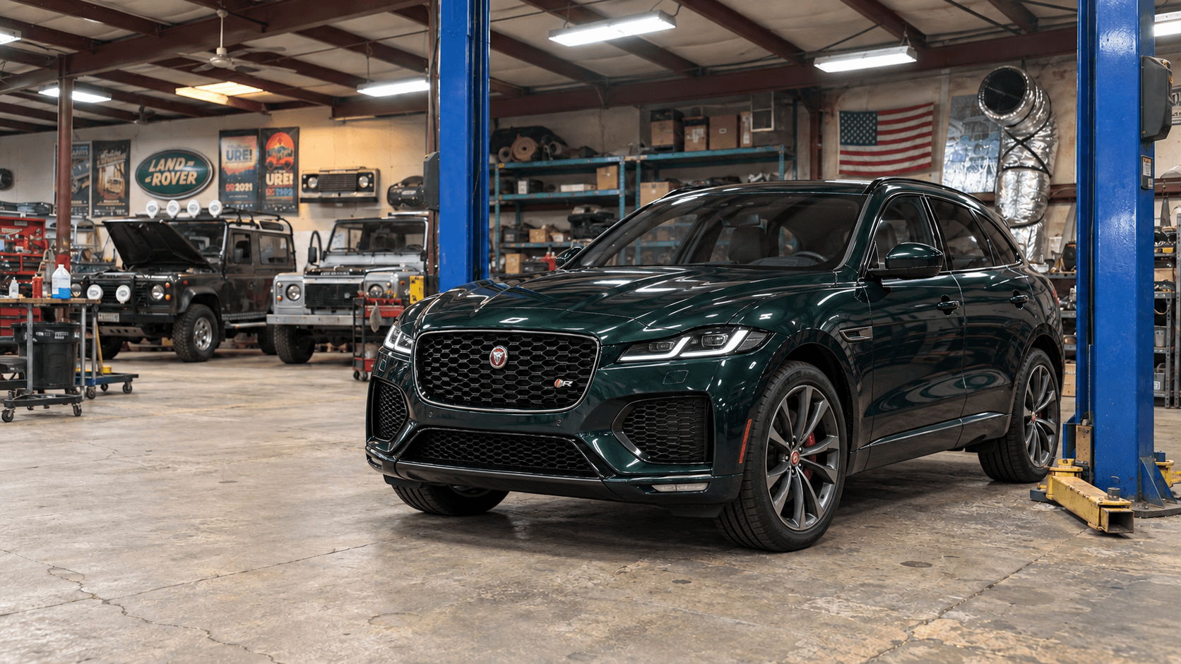 Illustrative late-model British Racing Green Jaguar F-PACE in a European vehicle workshop