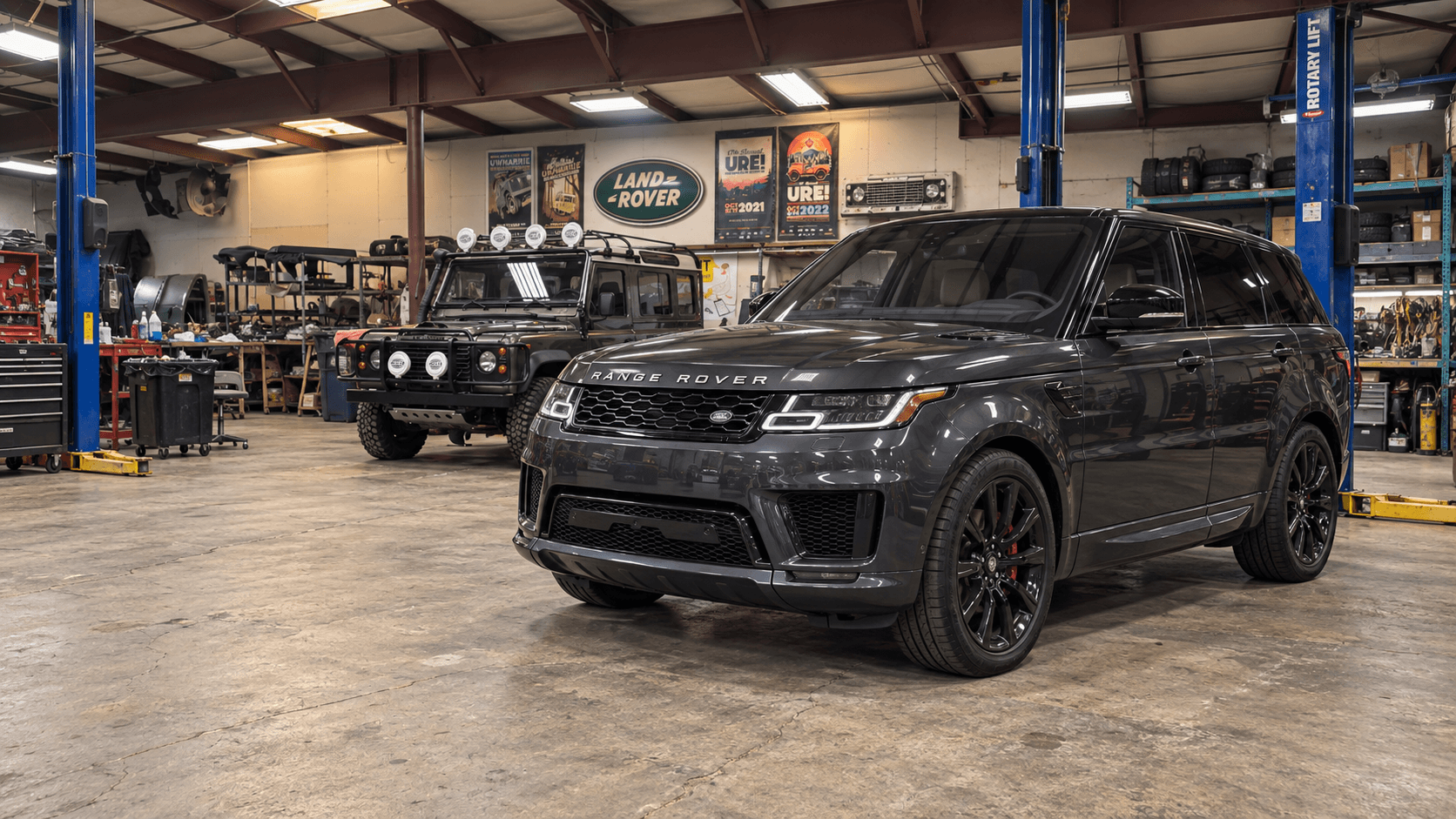 Illustrative Range Rover in a workshop