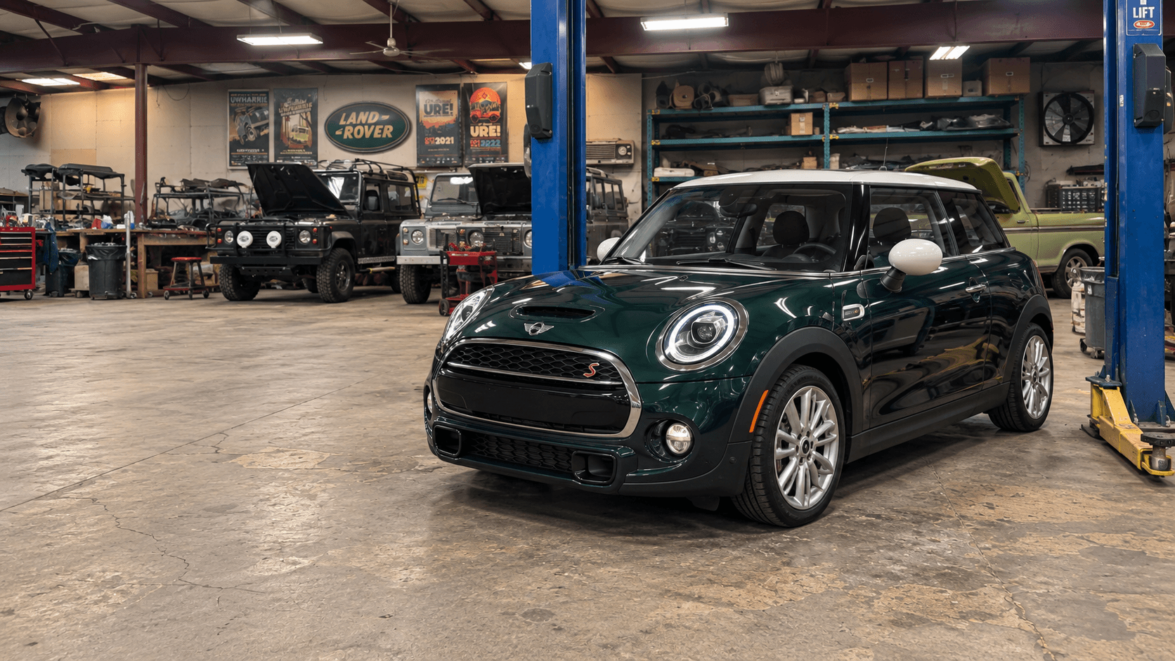 Illustrative green MINI in a workshop
