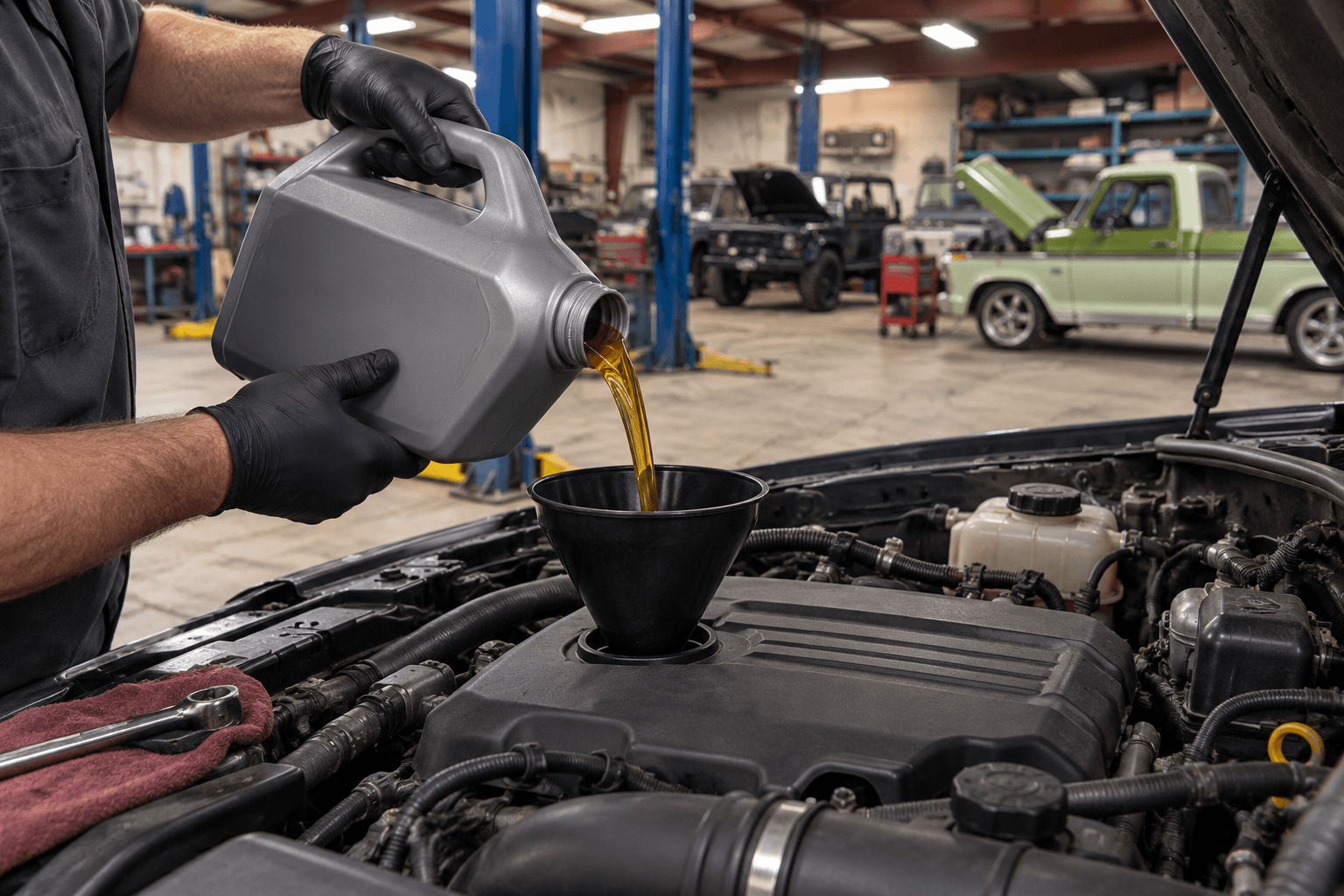 Illustration of oil being poured into an engine through a funnel