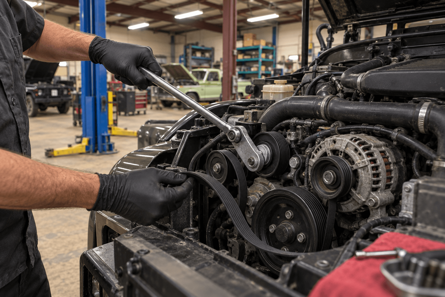 Illustration of an engine drive belt being replaced
