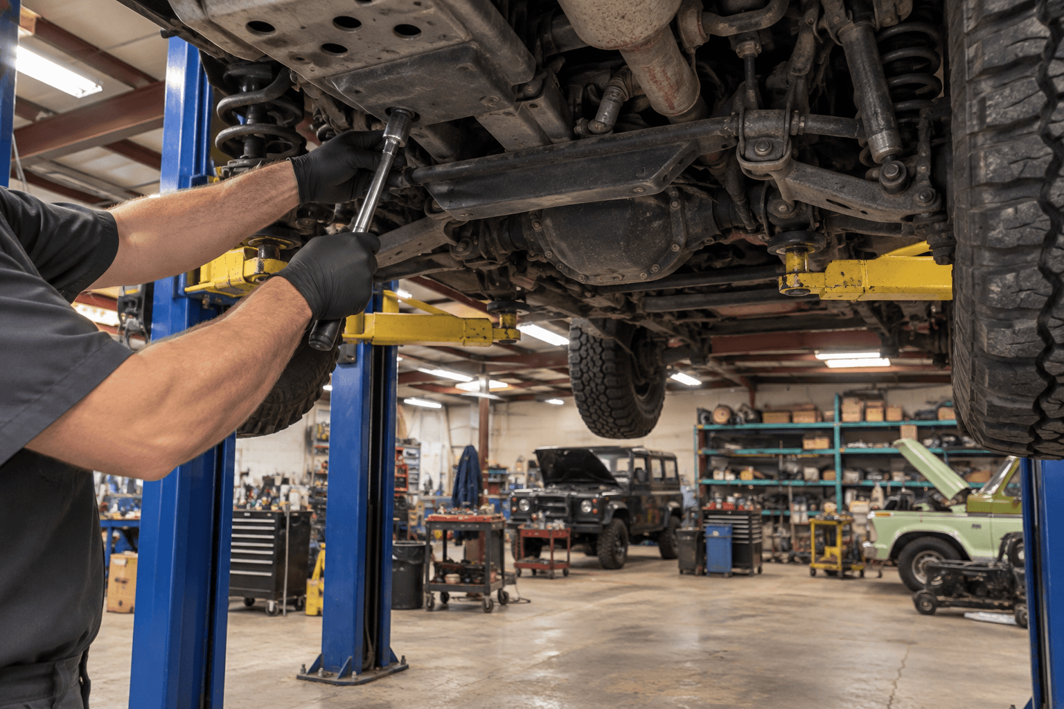 Illustration of underbody maintenance on a raised vehicle
